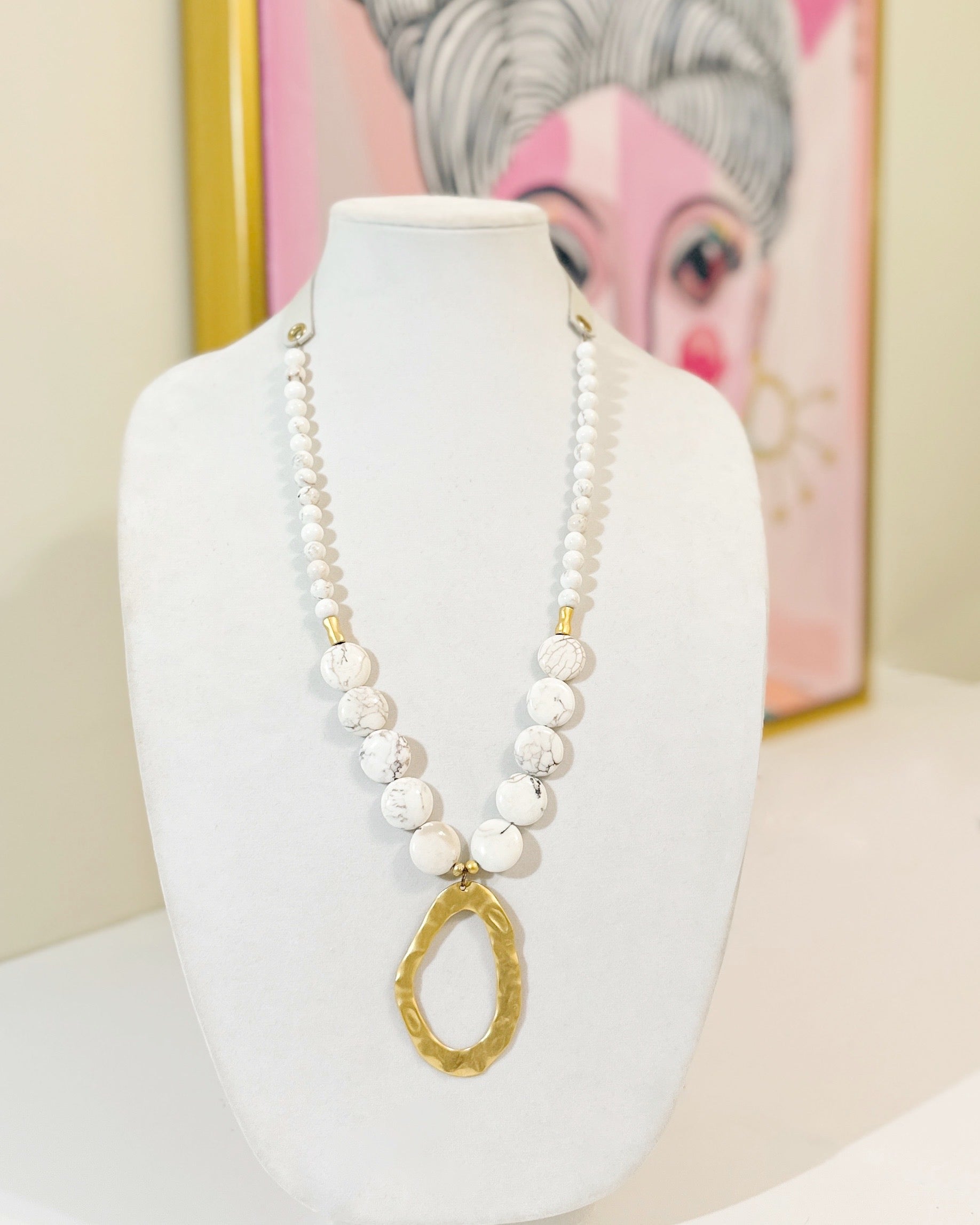 Gold Oval + White turquoise necklace